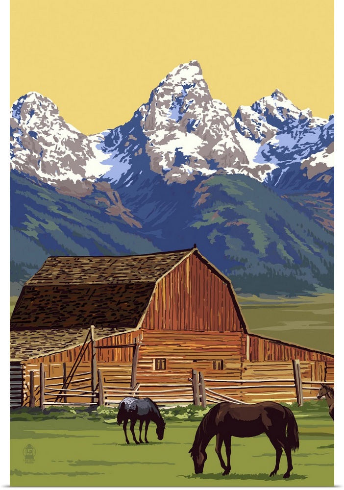 Horses and Barn with Mountains: Retro Poster Art