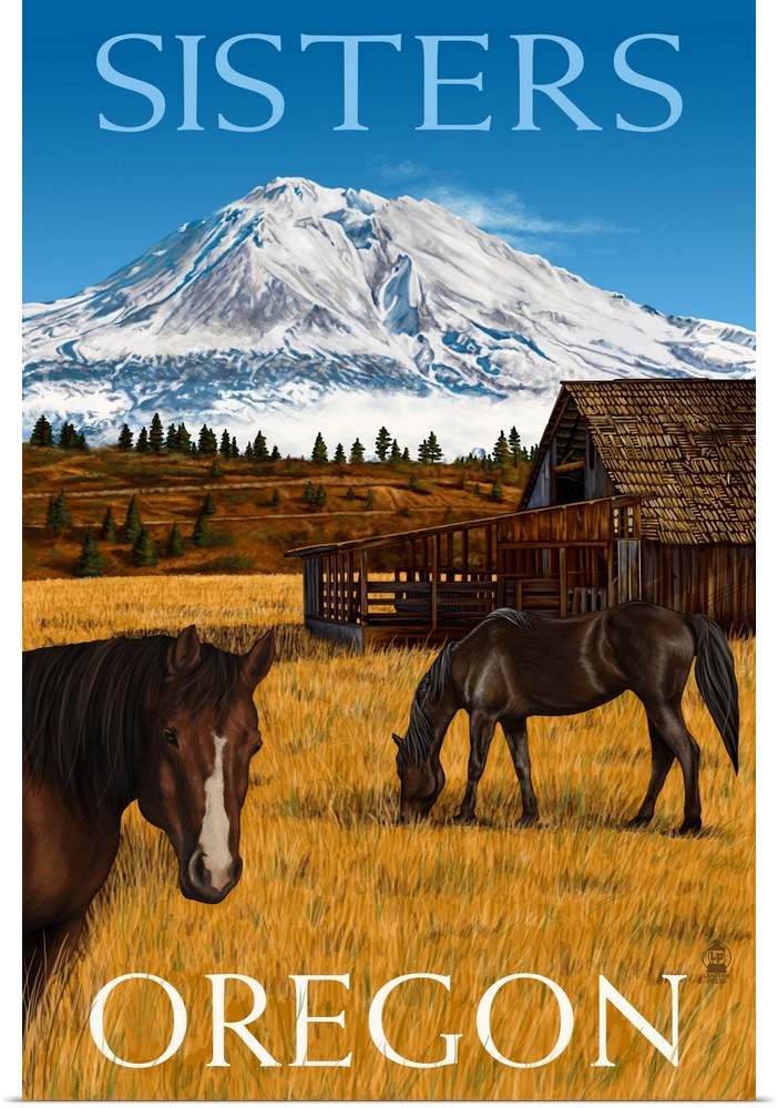 A stylized art poster of a snow covered mountain and a meadow with two horses and a barn below it.