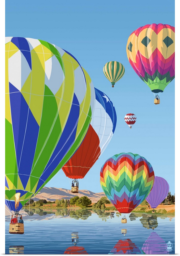 Retro stylized art poster of a fleet of hot air balloons over water.
