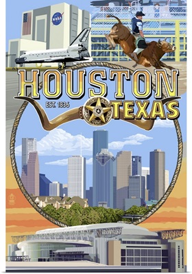 Houston, Texas - Montage Scenes: Retro Travel Poster