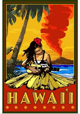 Hula Girl and Ukulele - Hawaii: Retro Travel Poster