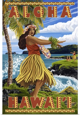 Hula Girl on Coast - Aloha Hawaii -  : Retro Travel Poster