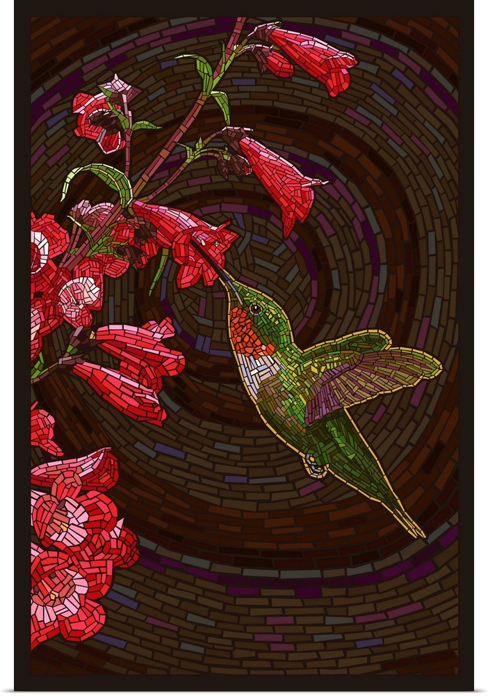 This stylized art work of a humming bird and flowers made out of small tiles to create the impression of a stain glass win...