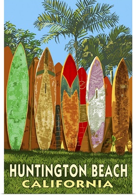Huntington Beach, California - Surfboard Fence: Retro Travel Poster