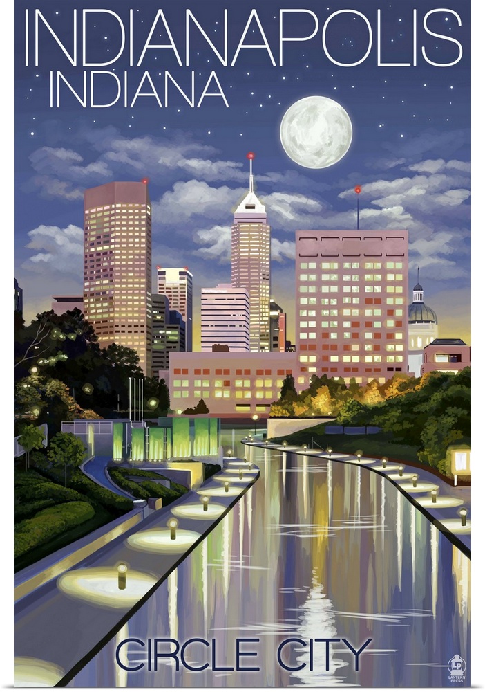 Indianapolis, Indiana - Indianapolis at Night Circle City: Retro Travel Poster