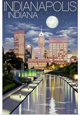 Indianapolis, Indiana - Indianapolis at Night: Retro Travel Poster