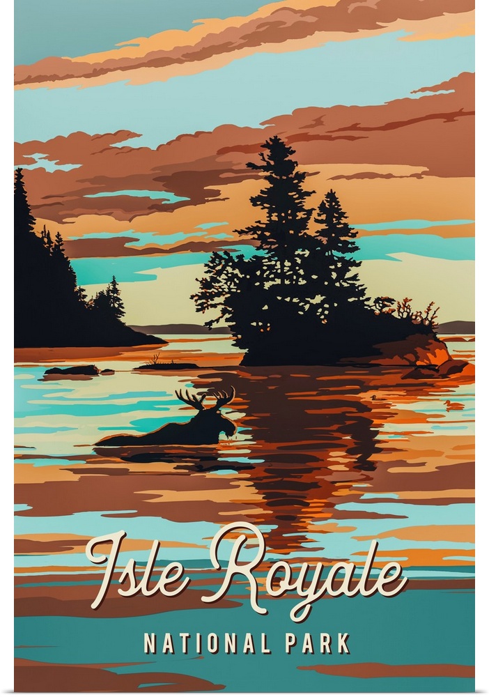 Isle Royale National Park, Moose Swimming: Graphic Travel Poster