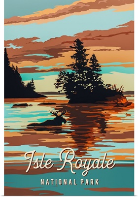 Isle Royale National Park, Moose Swimming: Graphic Travel Poster