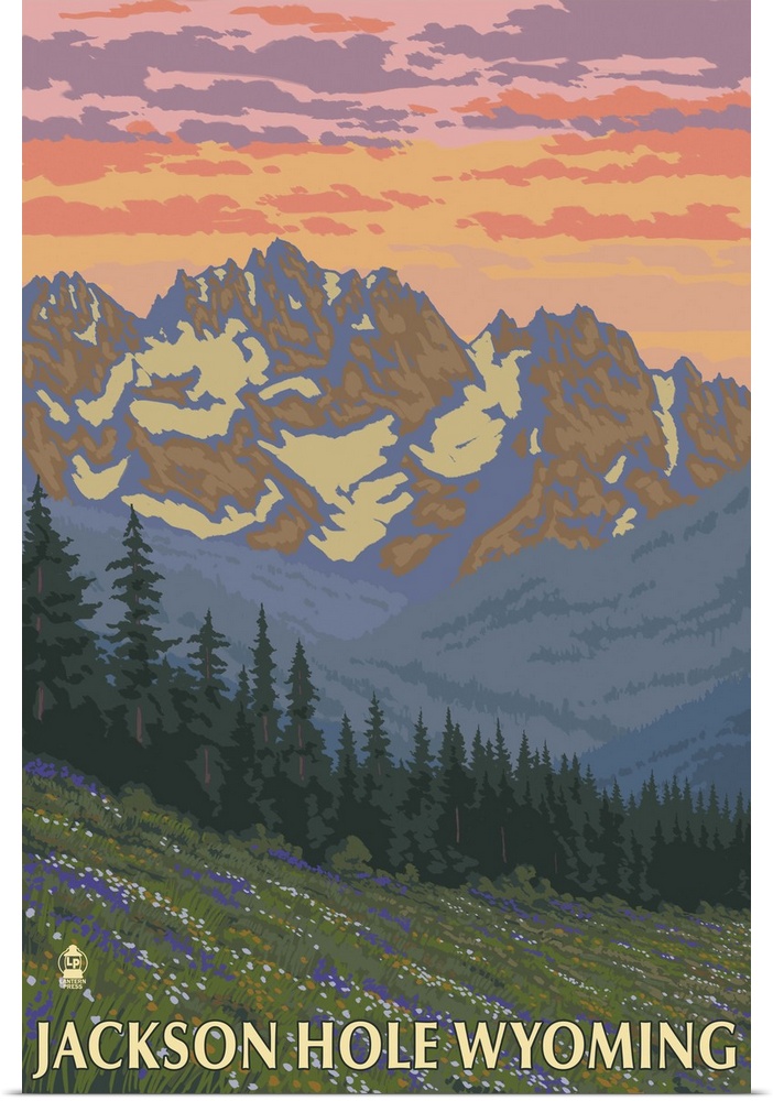 Jackson Hole, WY - Spring Flowers: Retro Travel Poster