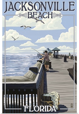Jacksonville Beach, Florida - Fishing Pier Scene: Retro Travel Poster