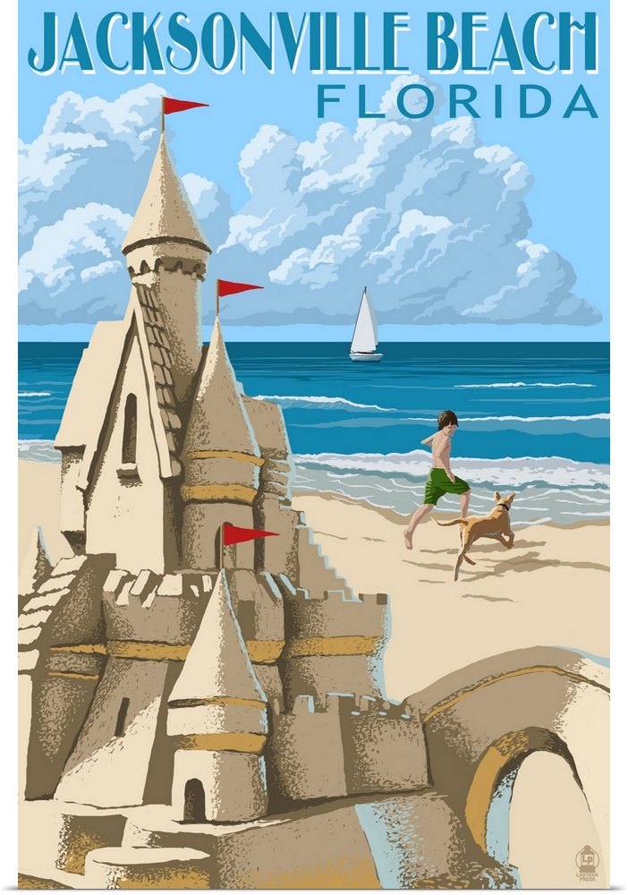 Retro stylized art poster of sand castle on a beach, with a child and dog playing in the background.