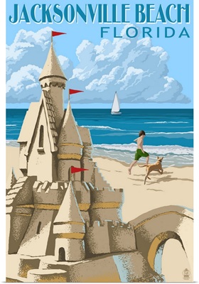 Jacksonville Beach, Florida - Sandcastle Scene: Retro Travel Poster
