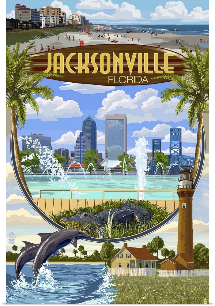 Retro stylized art poster of a city skyline, with dolphins jumping into the air at the bottom of the image.