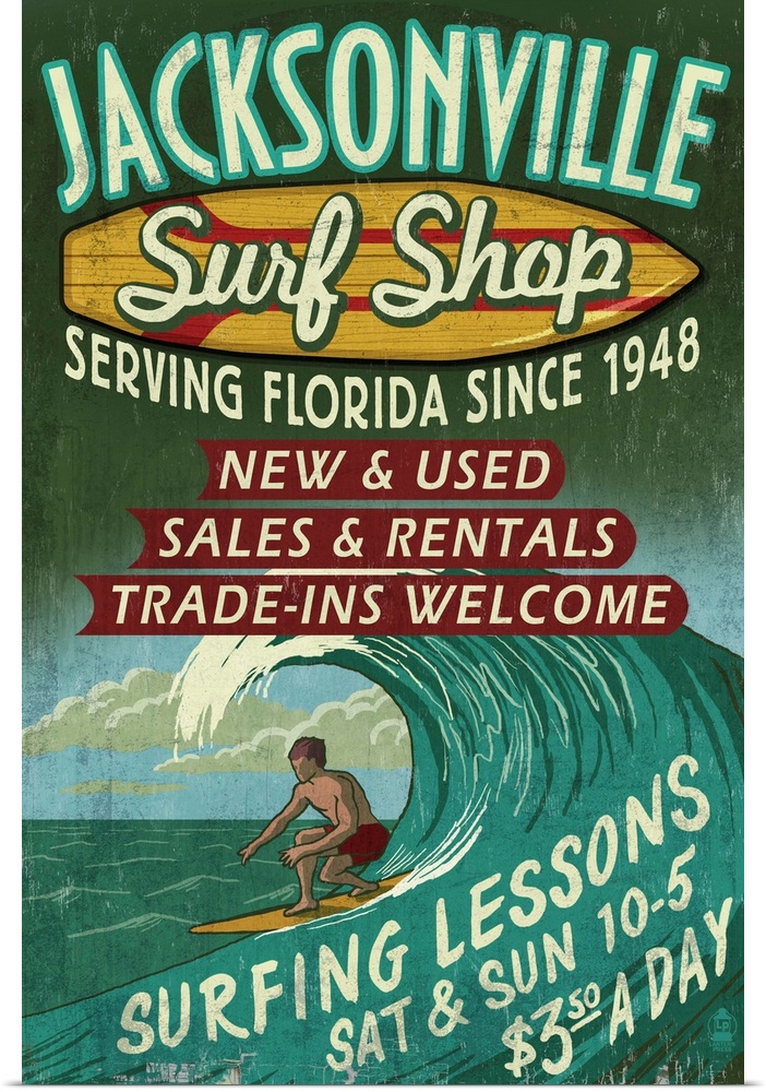 Retro stylized art poster of a vintage sign, with a surfer in a curled wave.