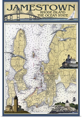 Jamestown, Rhode Island Nautical Chart: Retro Travel Poster