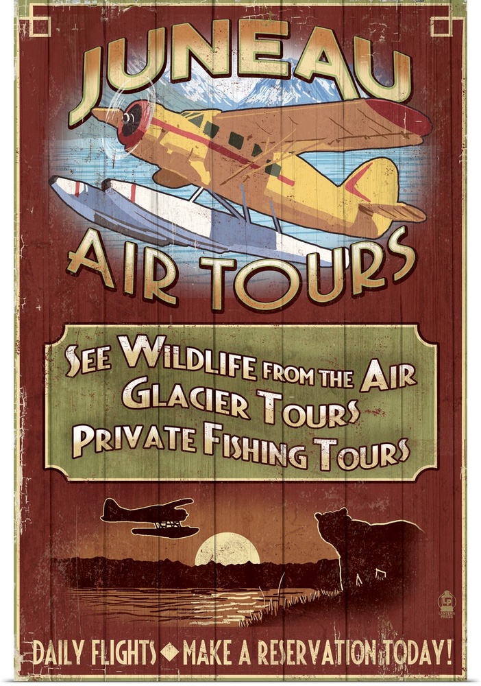 Retro stylized art poster of a vintage sign advertising seaplane tours, with a yellow seaplane in flight at the top of the...