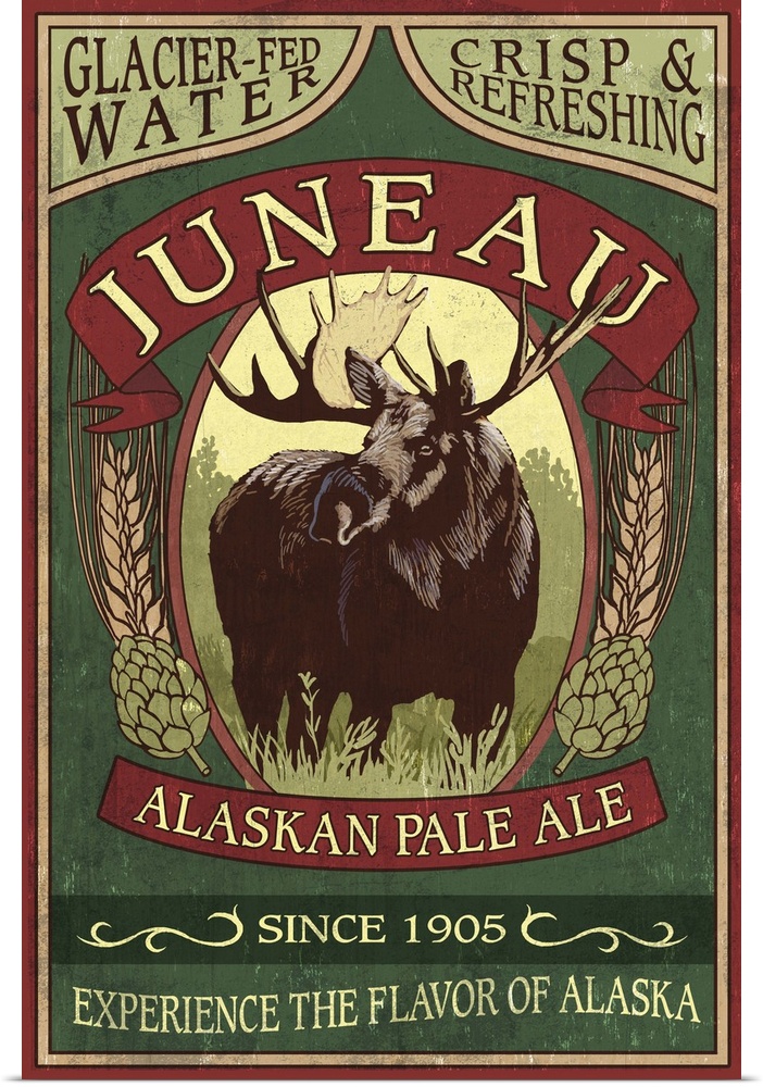 Retro stylized art poster of a vintage sign using a moose in the center of the image advertising beer.