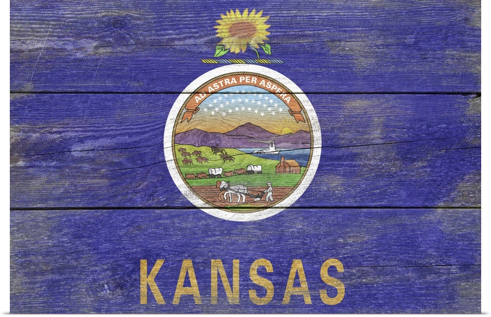 The flag of Kansas with a weathered wooden board effect.
