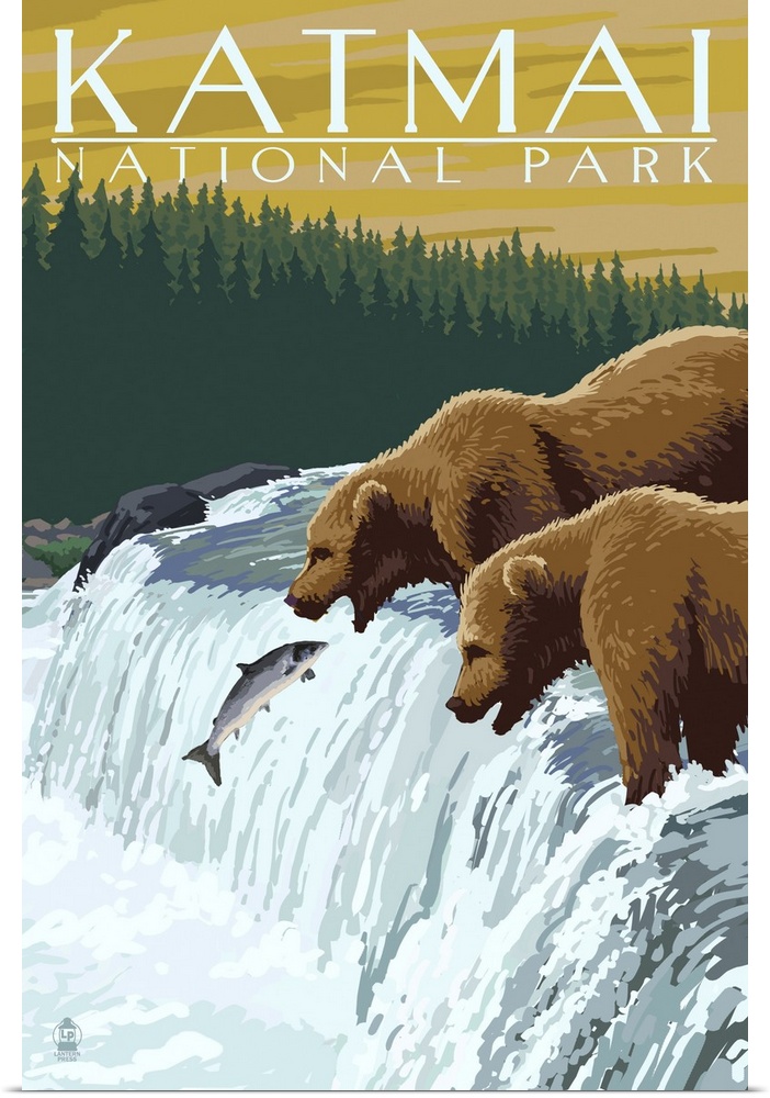 Katmai National Park, Bears Hunting: Retro Travel Poster