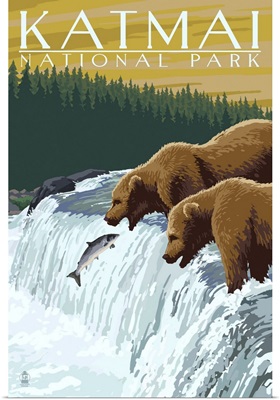 Katmai National Park, Bears Hunting: Retro Travel Poster