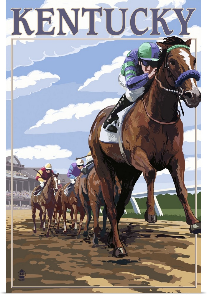 Retro stylized art poster of a group of horse racers. With a jockey on horseback out in front.
