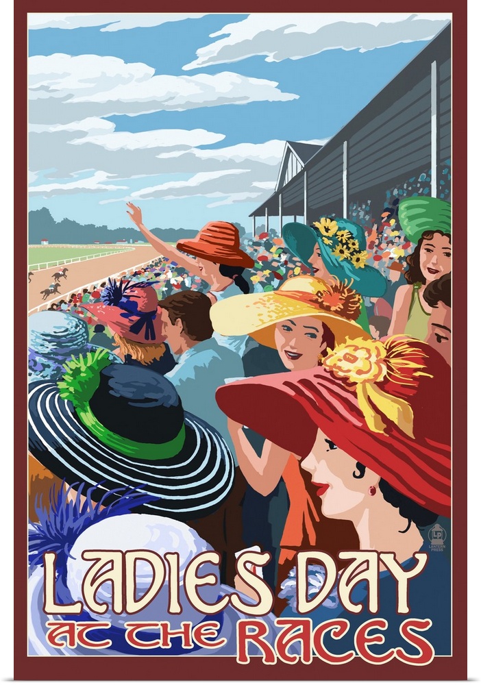 Retro stylized art poster of a large group of women wearing large hats, watching a horse race at a track.