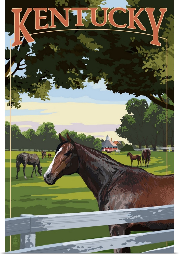 Retro stylized art poster of a field of horses, with a white picket fence in the foreground.