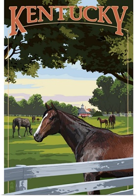 Kentucky - Thoroughbred Horses Farm Scene: Retro Travel Poster