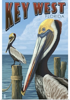 Key West, Florida - Brown Pelican: Retro Travel Poster