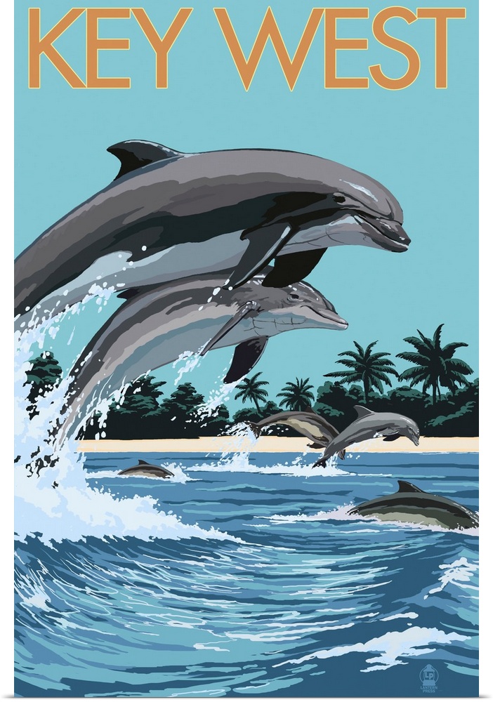 Key West, Florida - Dolphins Swimming: Retro Travel Poster
