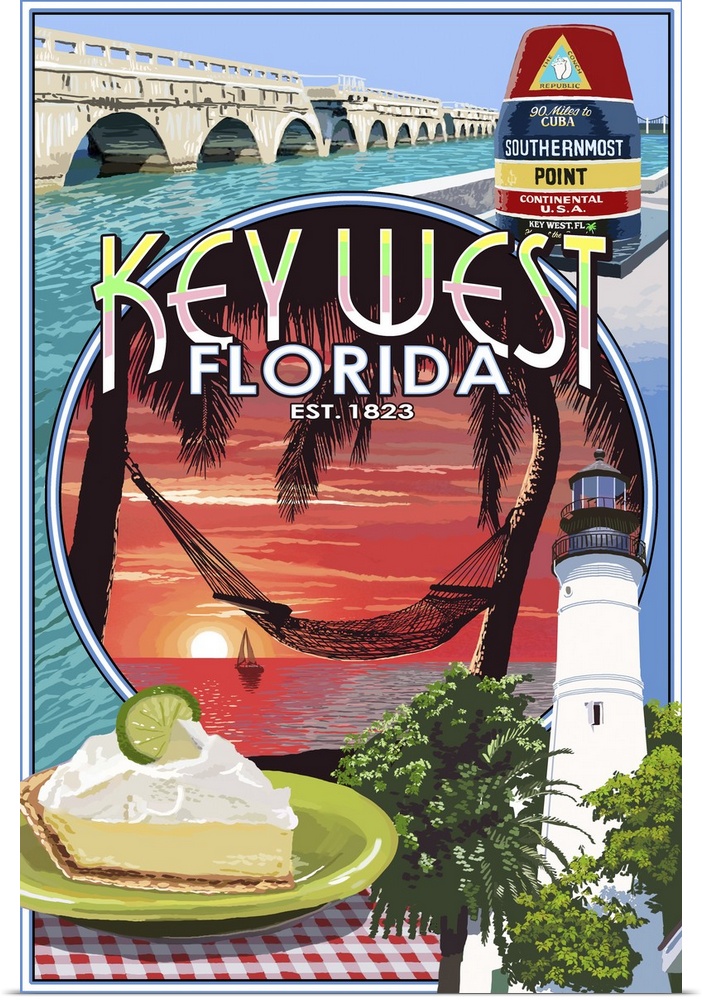 Retro stylized art poster of a collection of images, including a lighthouse and a slice of key lime pie. With a hammock ti...