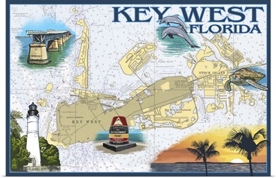 Key West, Florida - Nautical Chart: Retro Travel Poster