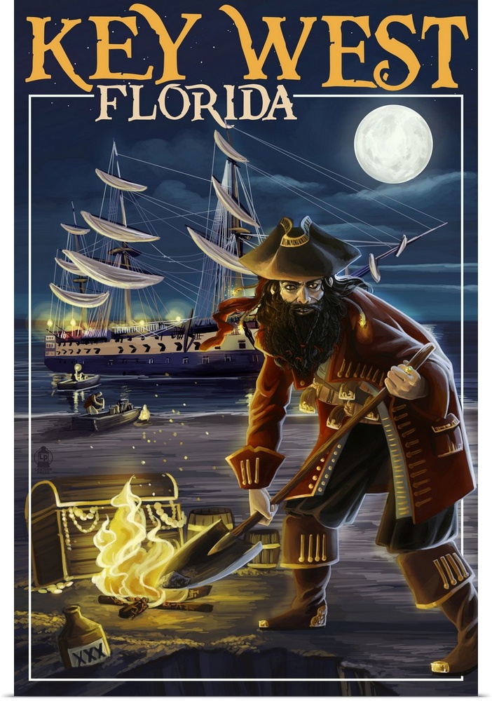 Retro stylized art poster of a pirate standing with a treasure on a beach at night. With a ship in the background.