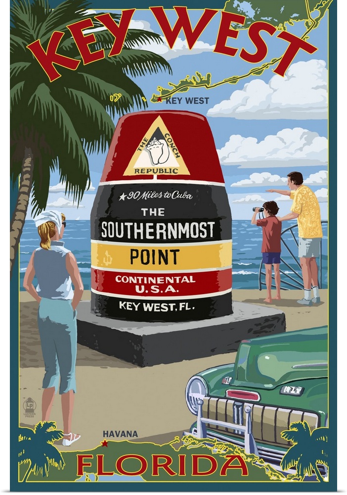 Key West, Florida - Southernmost Point: Retro Travel Poster