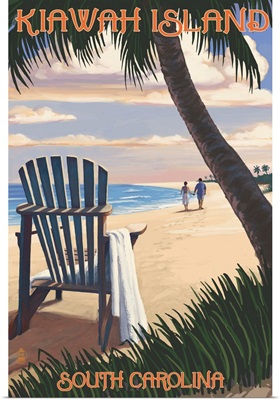 Kiawah Island, South Carolina - Adirondack and Palms: Retro Travel Poster