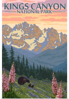 Kings Canyon National Park - Bear Family and Spring Flowers: Retro Travel Poster