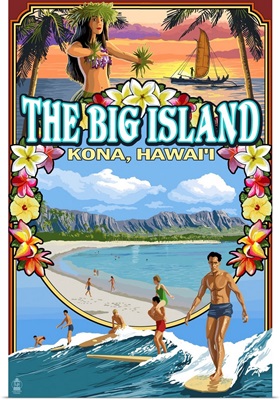 Kona, Hawaii - Montage Scene: Retro Travel Poster