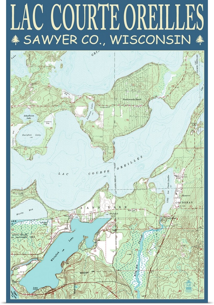 Lac Courte Oreilles Chart - Sawyer County, Wisconsin: Retro Travel Poster