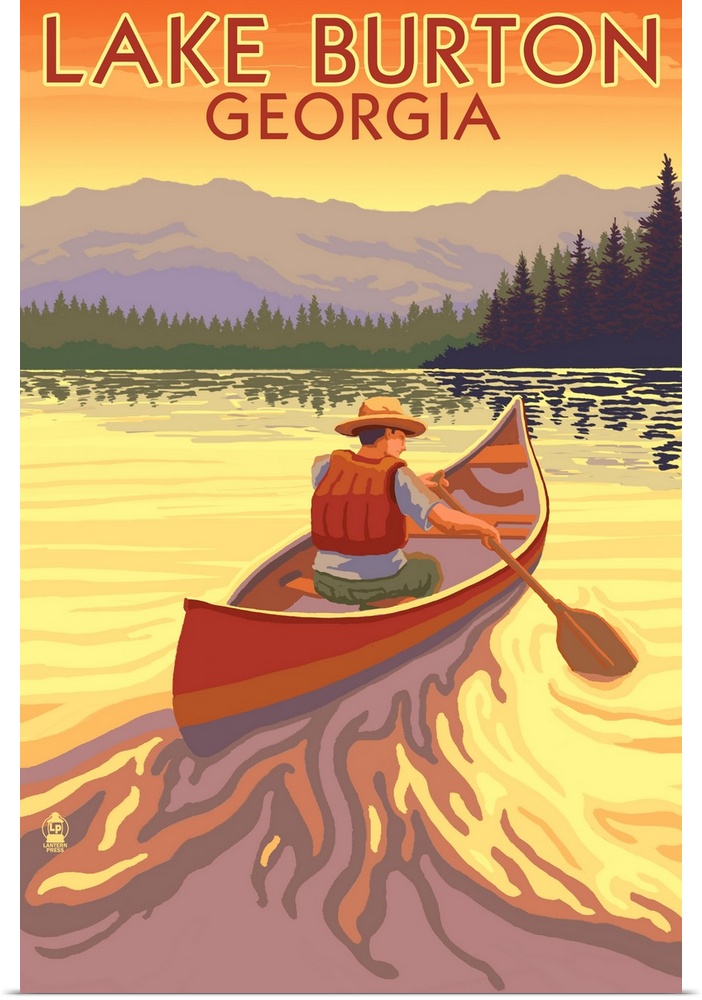 Retro stylized art poster of a man in a canoe paddling toward a line of trees at sunset.