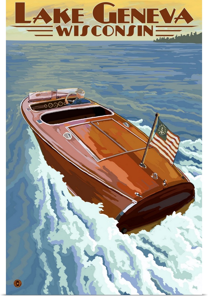 Lake Geneva, Wisconsin - Chris Craft Wooden Boat: Retro Travel Poster