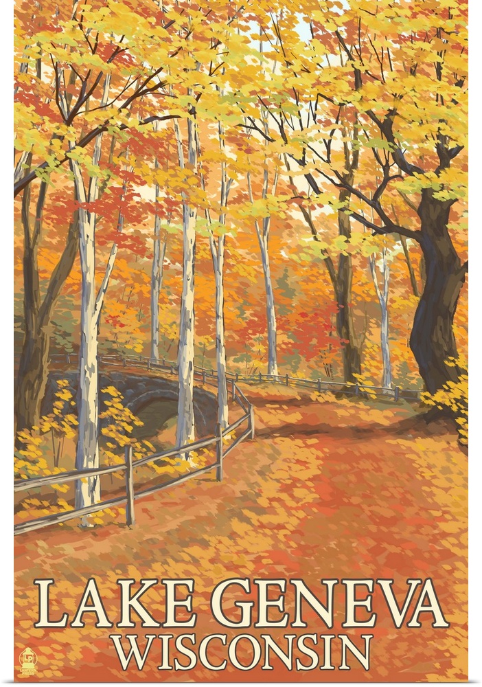 Lake Geneva, Wisconsin - Fall Colors: Retro Travel Poster