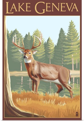 Lake Geneva, Wisconsin - White Tailed Deer: Retro Travel Poster