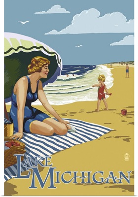 Lake Michigan - Beach Scene: Retro Travel Poster