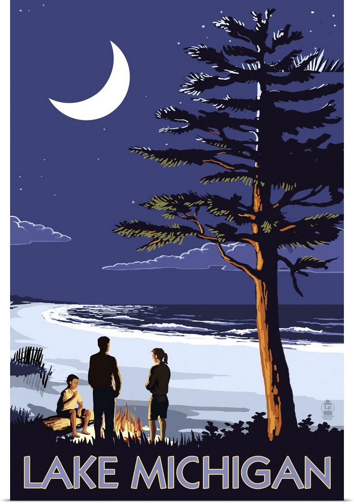 Retro stylized art poster of people on a beach at night, with large crescent moon in the sky.