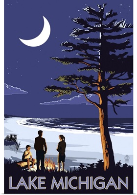 Lake Michigan - Bonfire at Night Scene: Retro Travel Poster