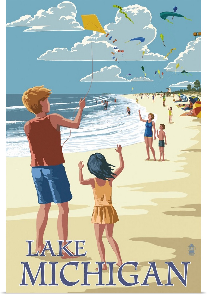 Retro stylized art poster of children flying kites on the beach.