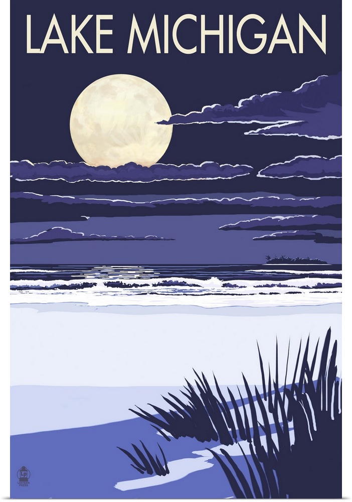 Retro stylized art poster of a deserted beach at night with a large full moon over the ocean.