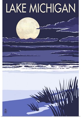 Lake Michigan - Full Moon Night Scene: Retro Travel Poster