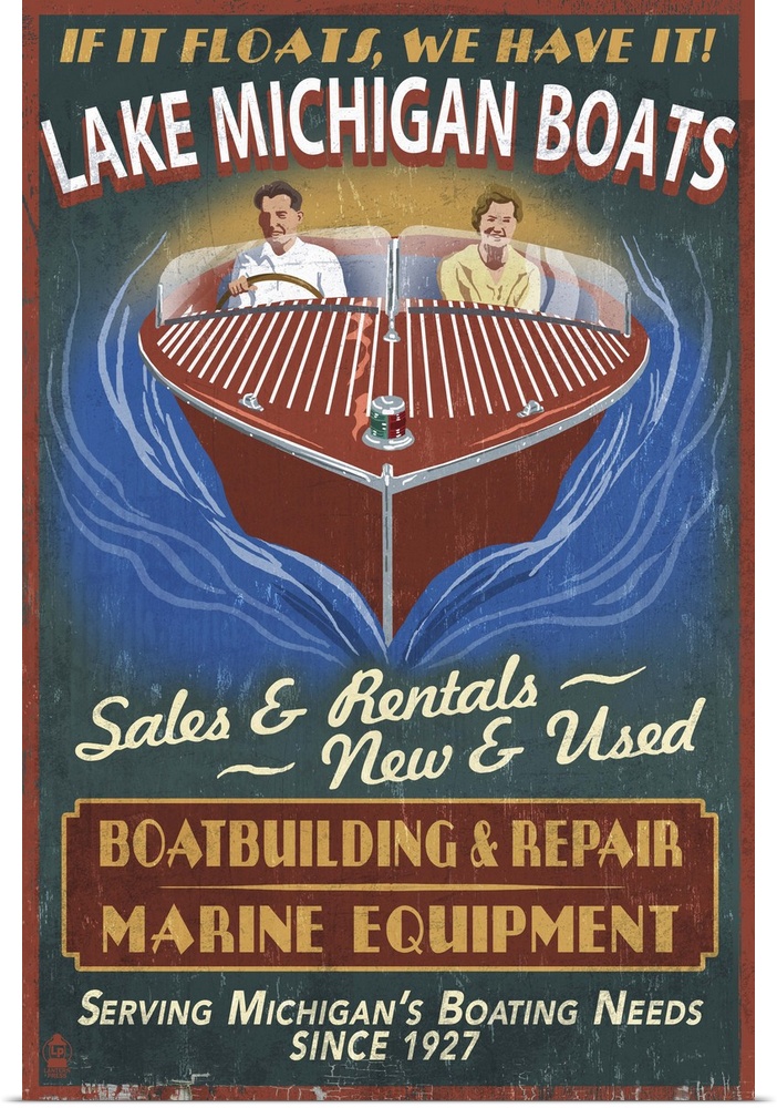 Retro stylized art poster of a couple driving a speedboat.