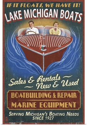 Lake Michigan, Michigan - Boat Shop Vintage Sign: Retro Travel Poster